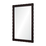 Calimia Home hand carved dark mahogany wall mirror with a rectangular frame and non-beveled glass surface.