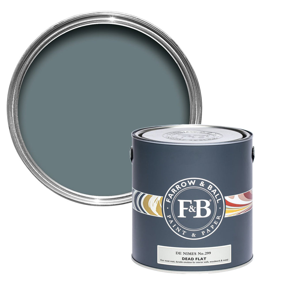 Farrow & Ball De Nimes No.299 paint tin and color swatch