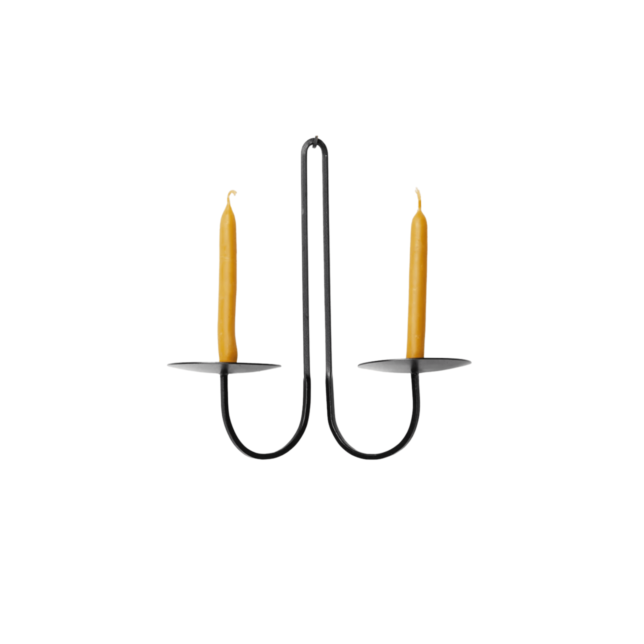 Double-armed black iron wall candle holder with two beeswax taper candles, featuring a minimalist curved design and powder-coated matte finish.