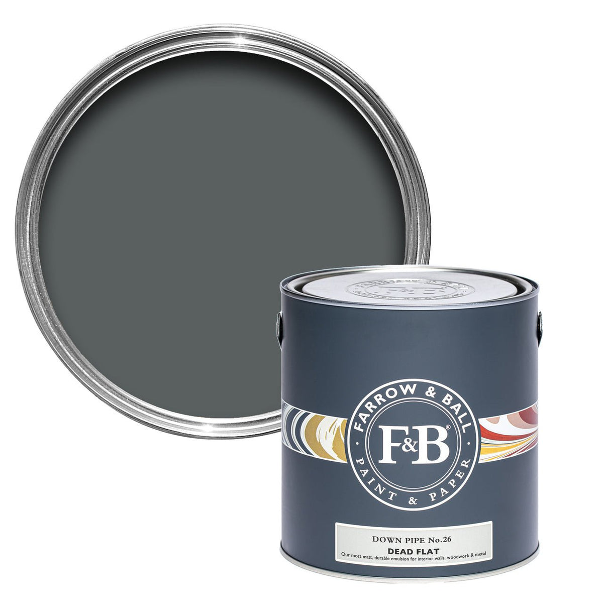 Farrow & Ball Down Pipe No.26 paint tin and color swatch