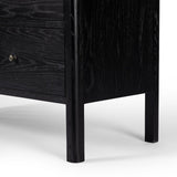 Calimia Home ebony oak cabinet featuring a brushed black wood grain finish and iron hardware on a drawer front