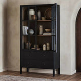 Calimia Home ebony oak cabinet with glass doors, two drawers, and tan oak interior shelving in a transitional style.
