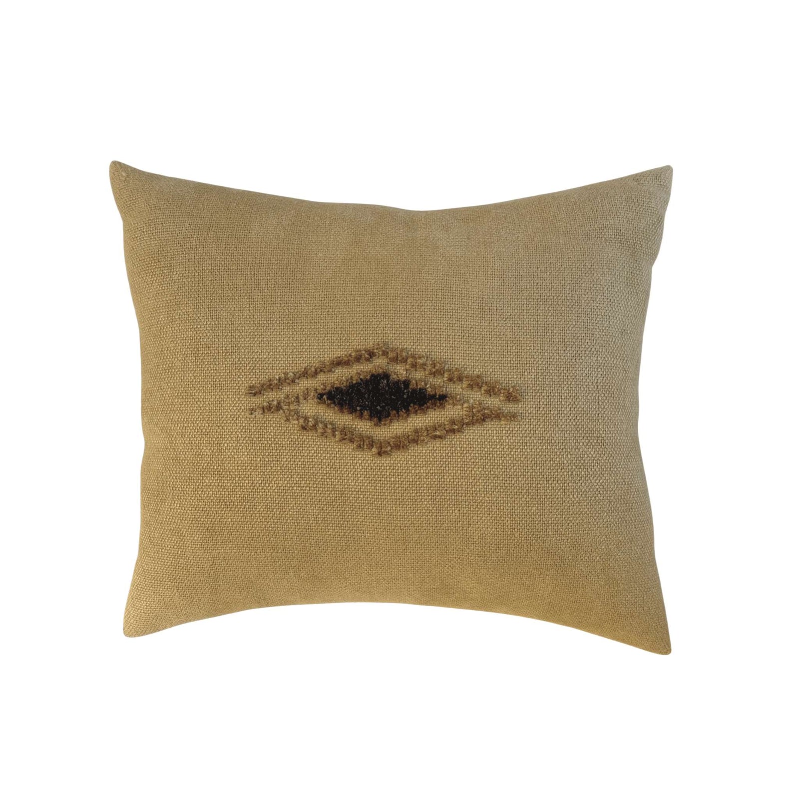 Eira Pillow by One Bi One — mustard Belgian linen with hand-embroidered wool eye motif, 18" × 16", handcrafted in Gothenburg, Sweden