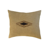 Calimia Home Eira pillow in muted mustard linen with a hand-embroidered wool eye motif and hidden zipper closure.