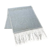 Elise Gray & Cream Table Runner by One Bi One — Belgian linen with hand-embroidered gray and cream accent and tassels, handcrafted in Gothenburg, Sweden