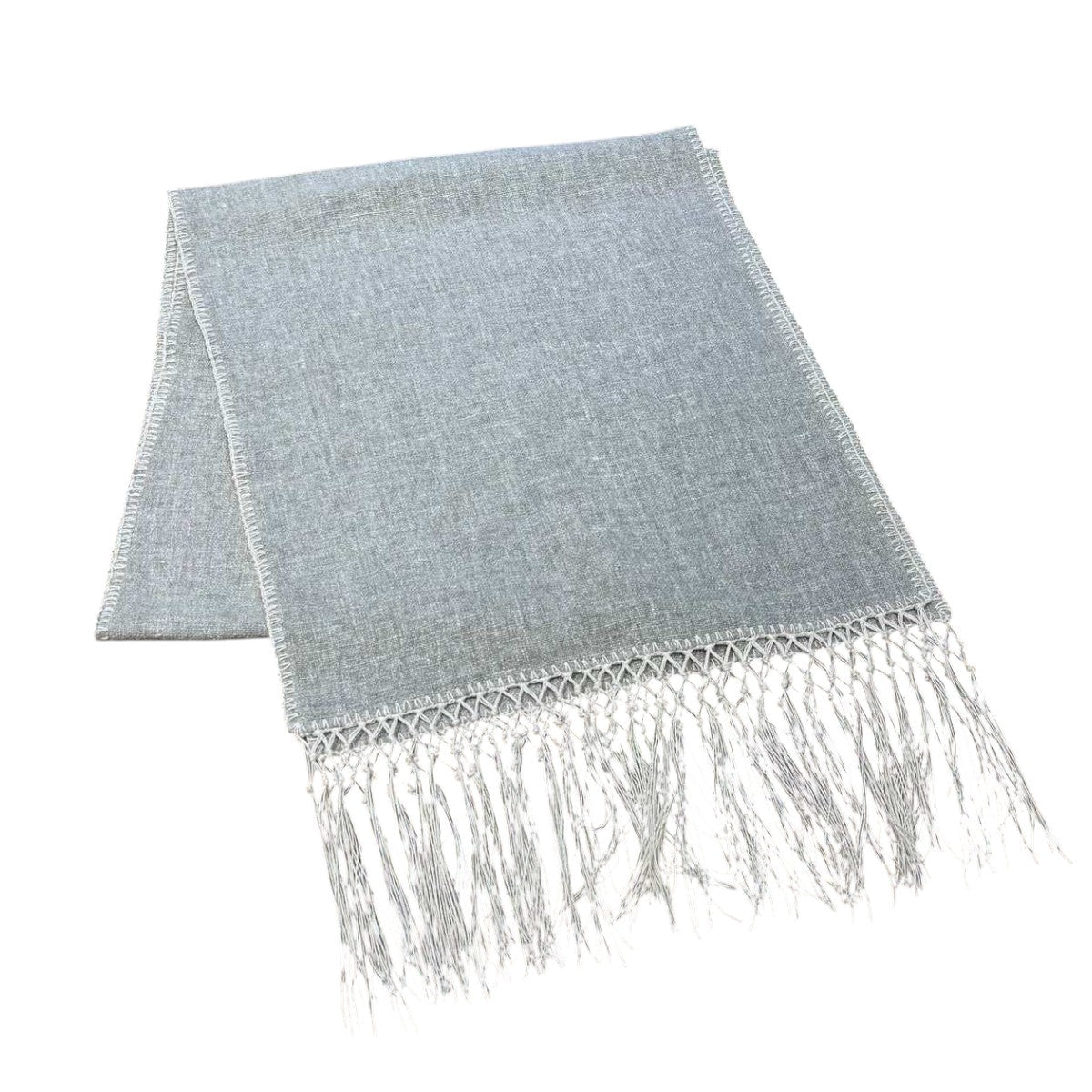Elise Gray & Cream Table Runner by One Bi One — Belgian linen with hand-embroidered gray and cream accent and tassels, handcrafted in Gothenburg, Sweden