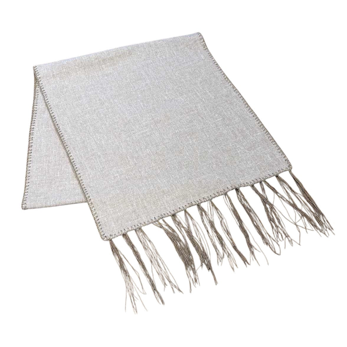 Elise Taupe Table Runner by One Bi One — Belgian linen with wool embroidery and tassel ends, handcrafted in Gothenburg, Sweden