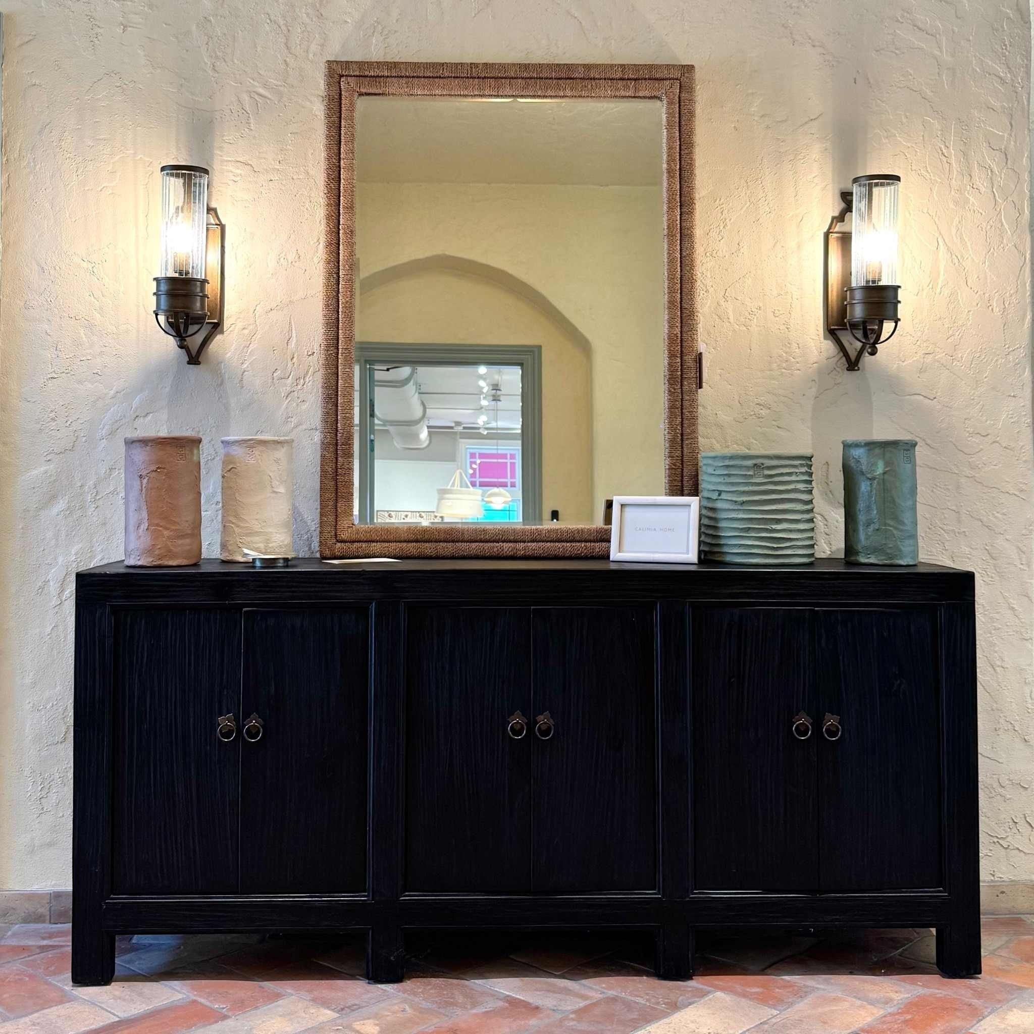 Elm Gansu black buffet — wood grain and hardware detail