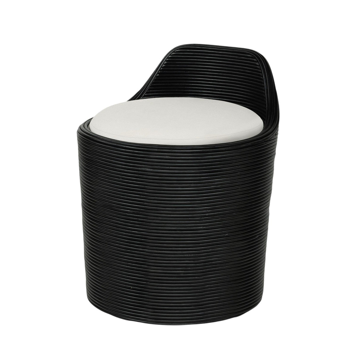Calimia Home Enzo swivel stool with black coil weave rattan frame and white upholstered seat for outdoor use
