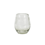 The Etched Oval Glass is a handmade tumbler featuring an etched floral pattern and delicate leaf designs, displayed on a plain white background.