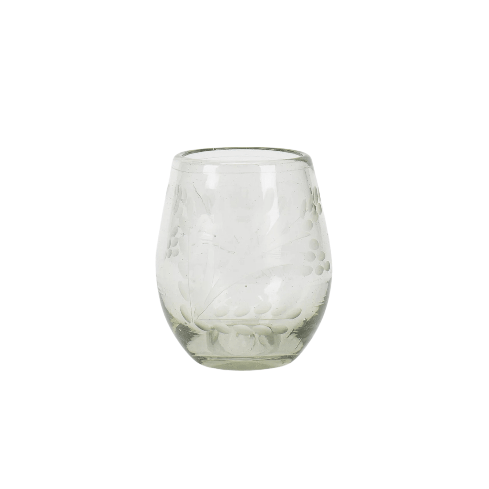 The Etched Oval Glass is a handmade tumbler featuring an etched floral pattern and delicate leaf designs, displayed on a plain white background.