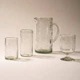 Close-up of the etched thistle pattern on the hand-blown glass pitcher
