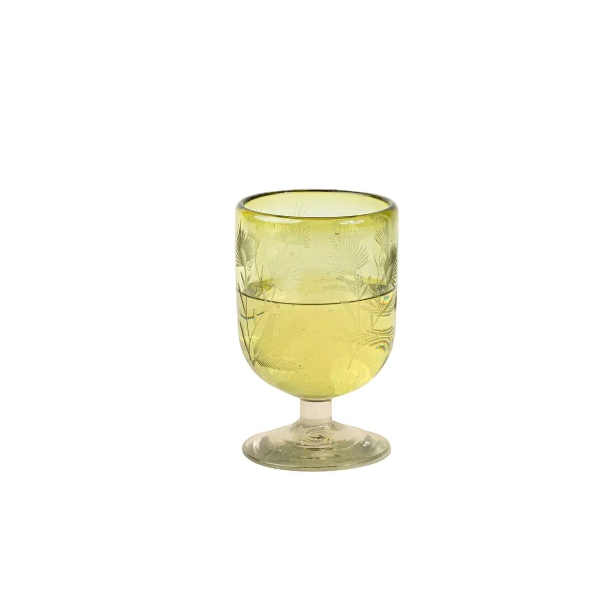 Etched thistle wine glass in olive green with luminous recycled glass