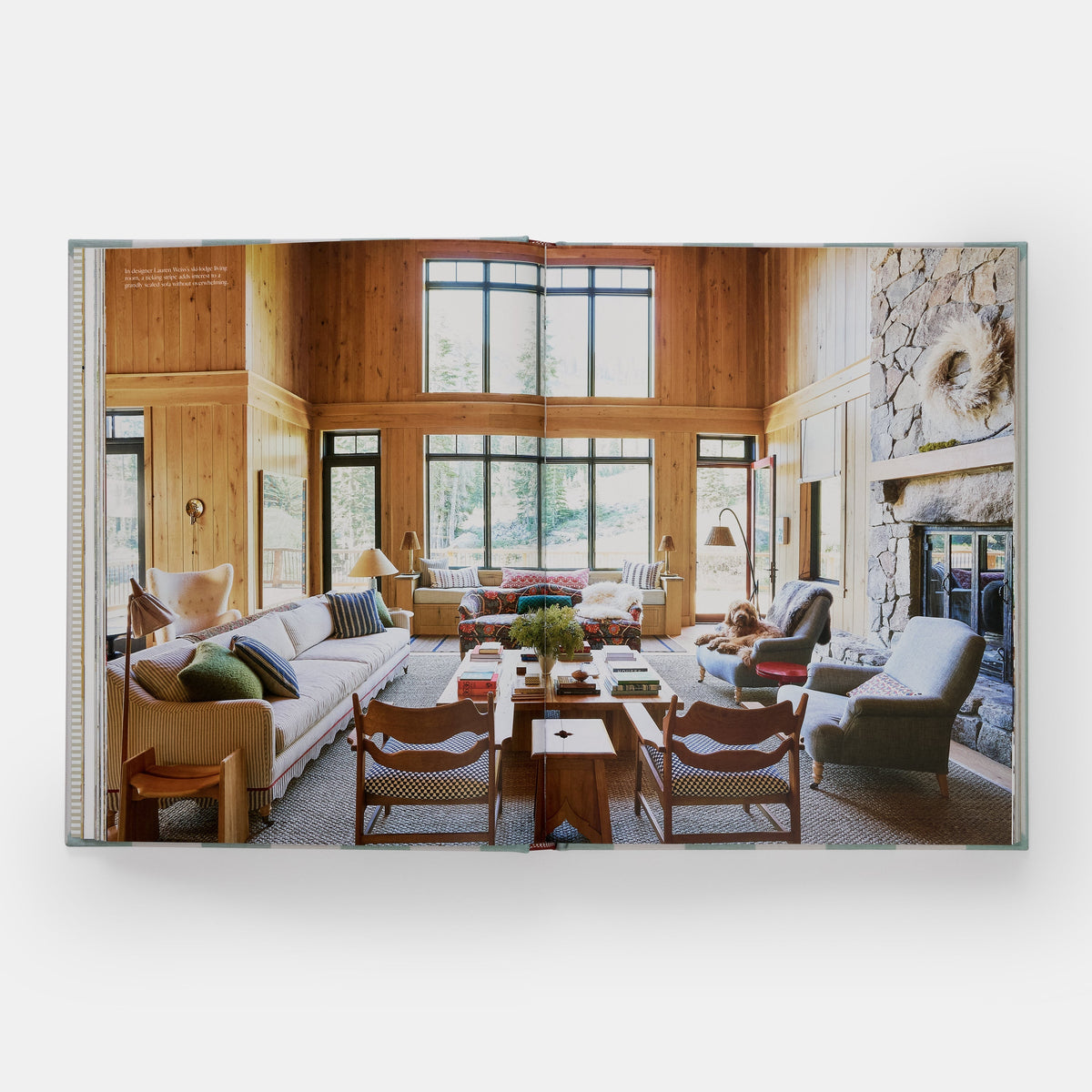 Calimia Home Everybody Loves Stripes book open to a spread showing a wood-panelled living room with a stone fireplace.
