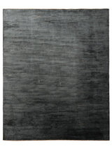 Armadillo Staccato Rug in Nightfall, overhead view of the hand-knotted silk and linen weave and edge finish
