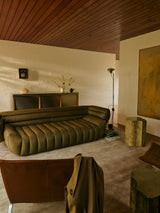 Lathe Rug by Armadillo, hand-knotted jute rug, styled in a room at Calimia Home