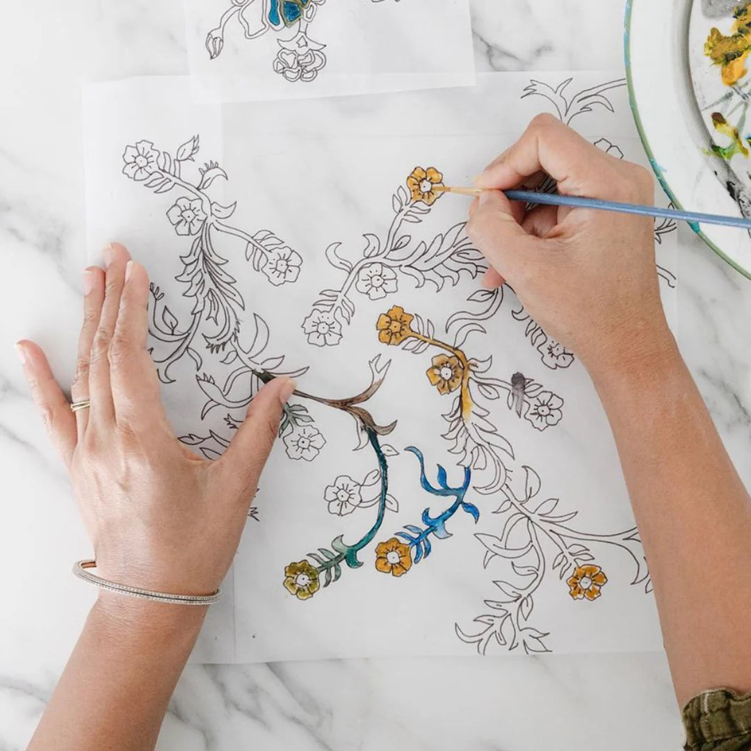 Block-printed by hand in India.