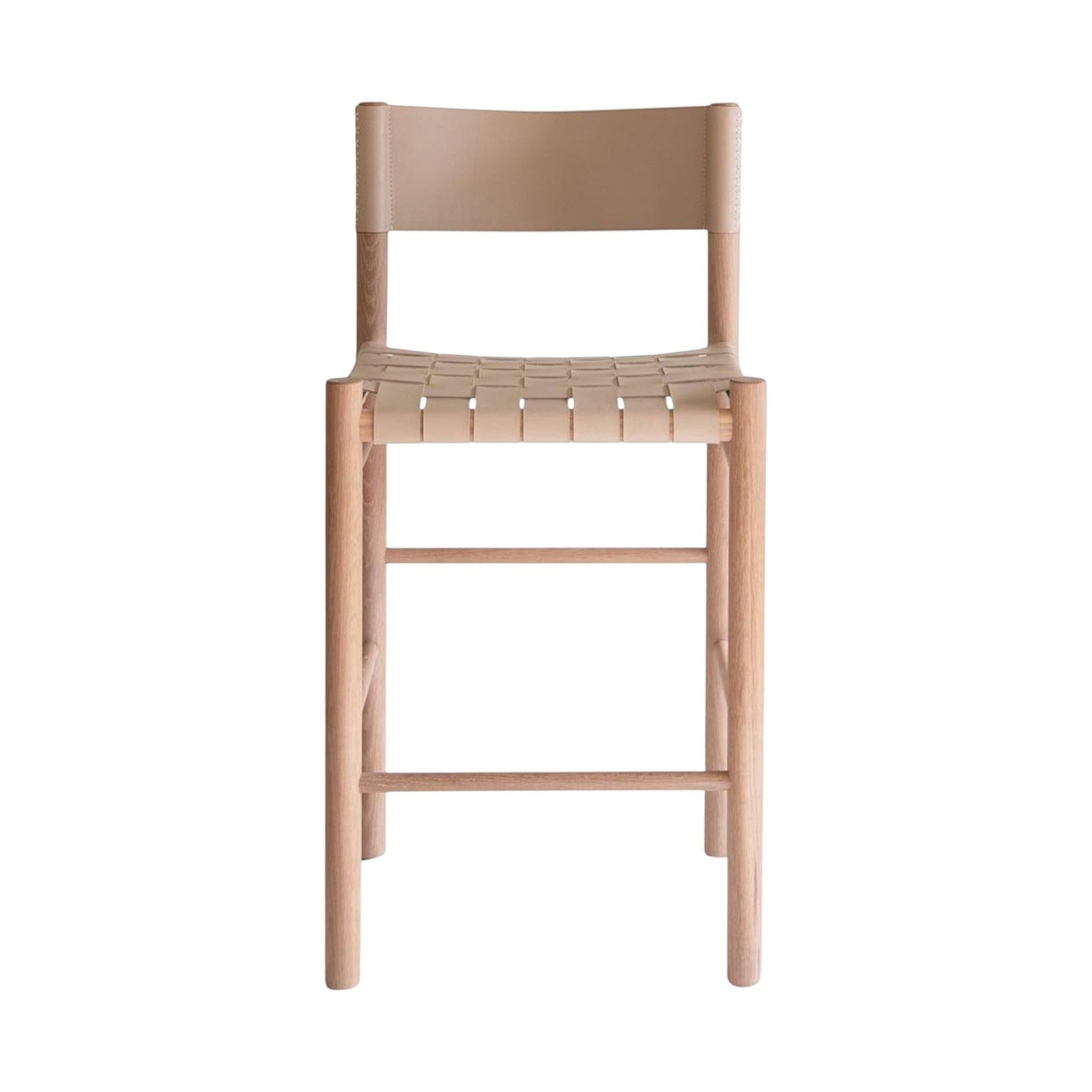 Calimia Home Flag Counter Stool with a solid oak frame and woven natural leather seat and backrest
