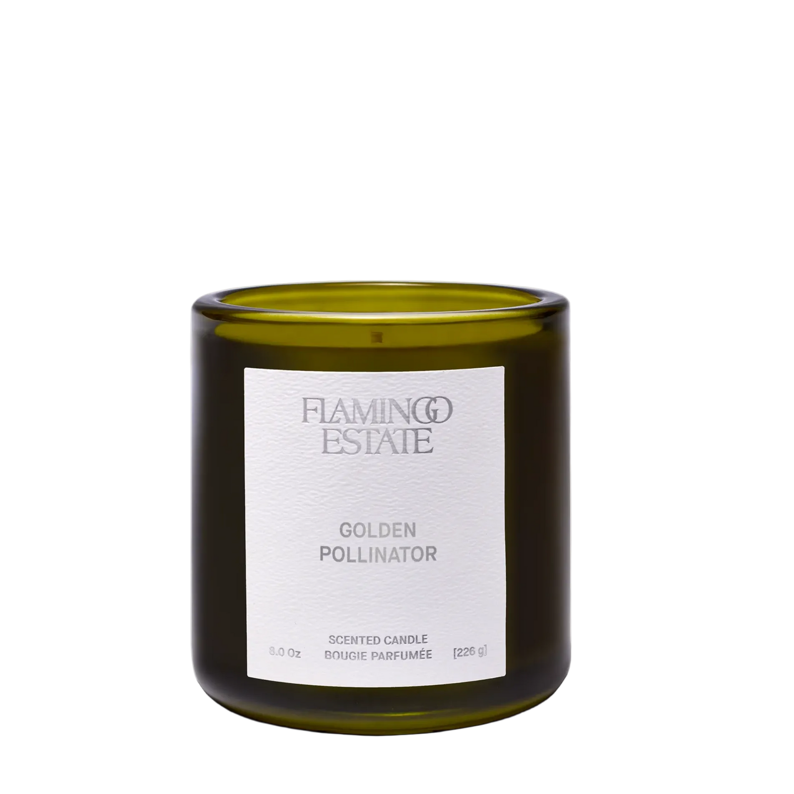 Golden Pollinator Candle by Flamingo Estate, 8 oz plant-based soy wax candle in recyclable glass, linden blossom and bergamot fragrance