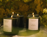 Flamingo Estate Golden Pollinator Candles burning on a wooden surface, showing flame and label detail