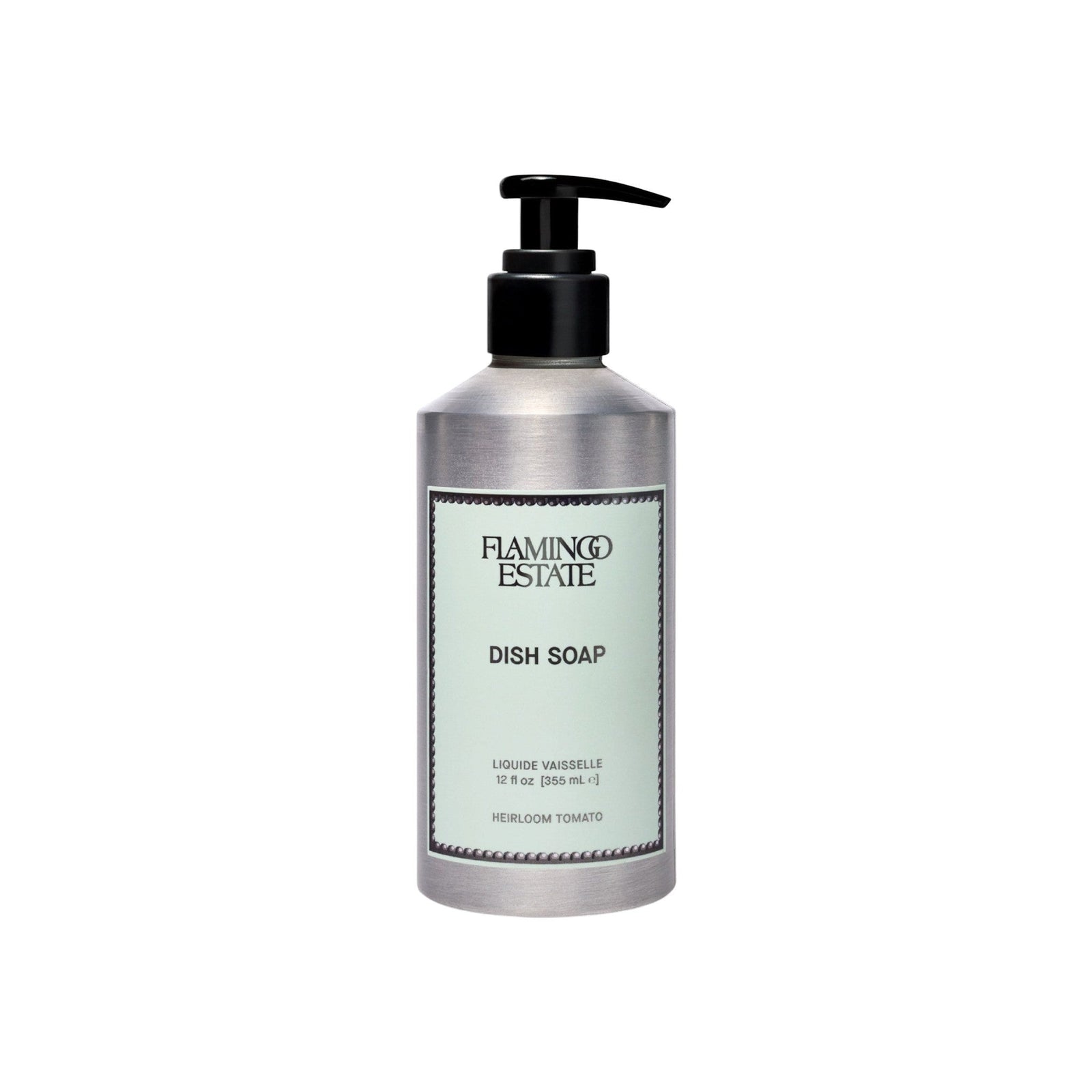 Flamingo Estate  Heirloom Tomato dish soap in a refillable brushed aluminum bottle with a black pump dispenser.