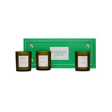 Three petite Flamingo Estate candles, standing in front of a green Flamingo Estate gift box.