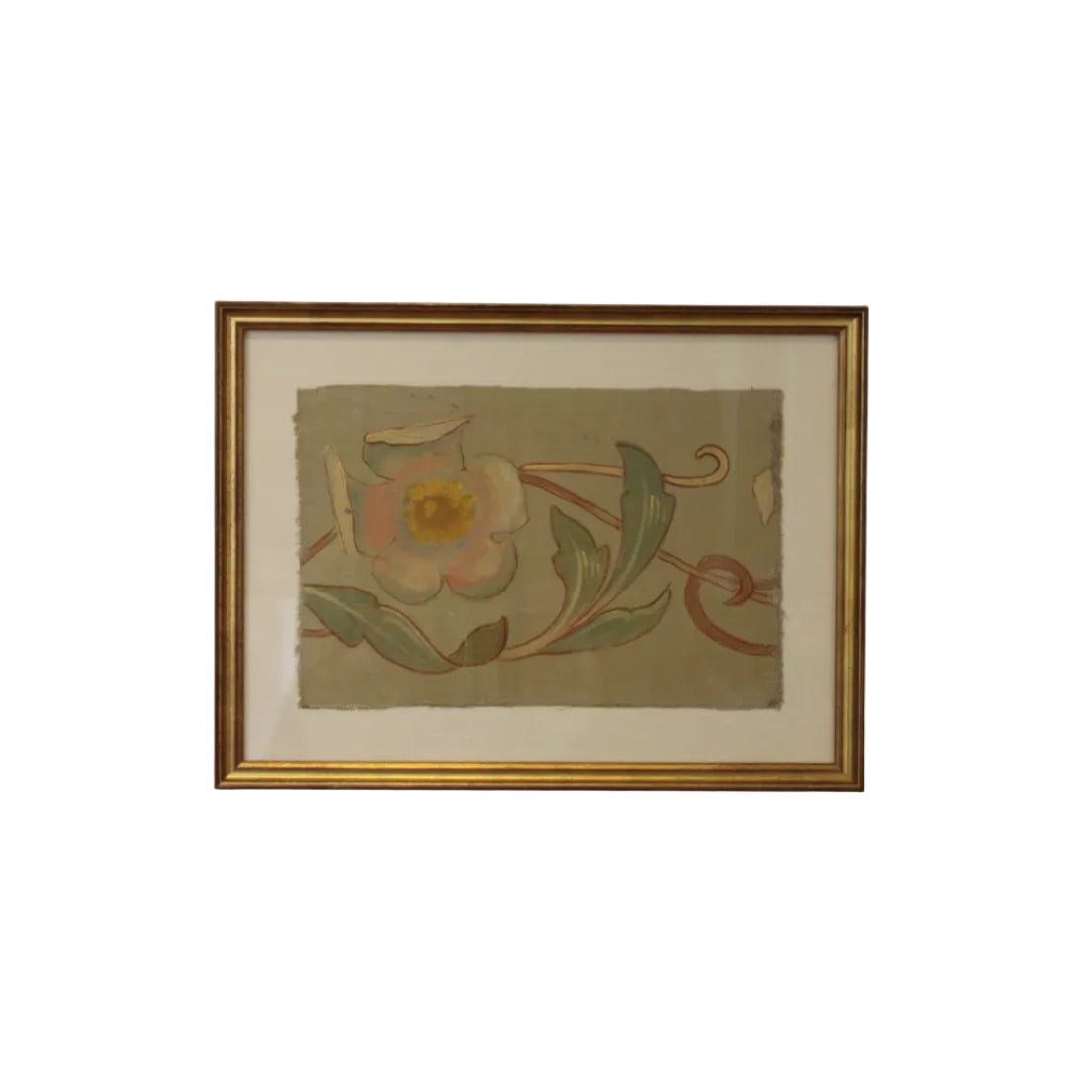 Framed hand-painted scrollwork fragment in gilt frame