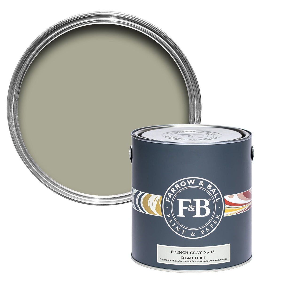 Farrow & Ball French Gray No.18 paint tin and color swatch