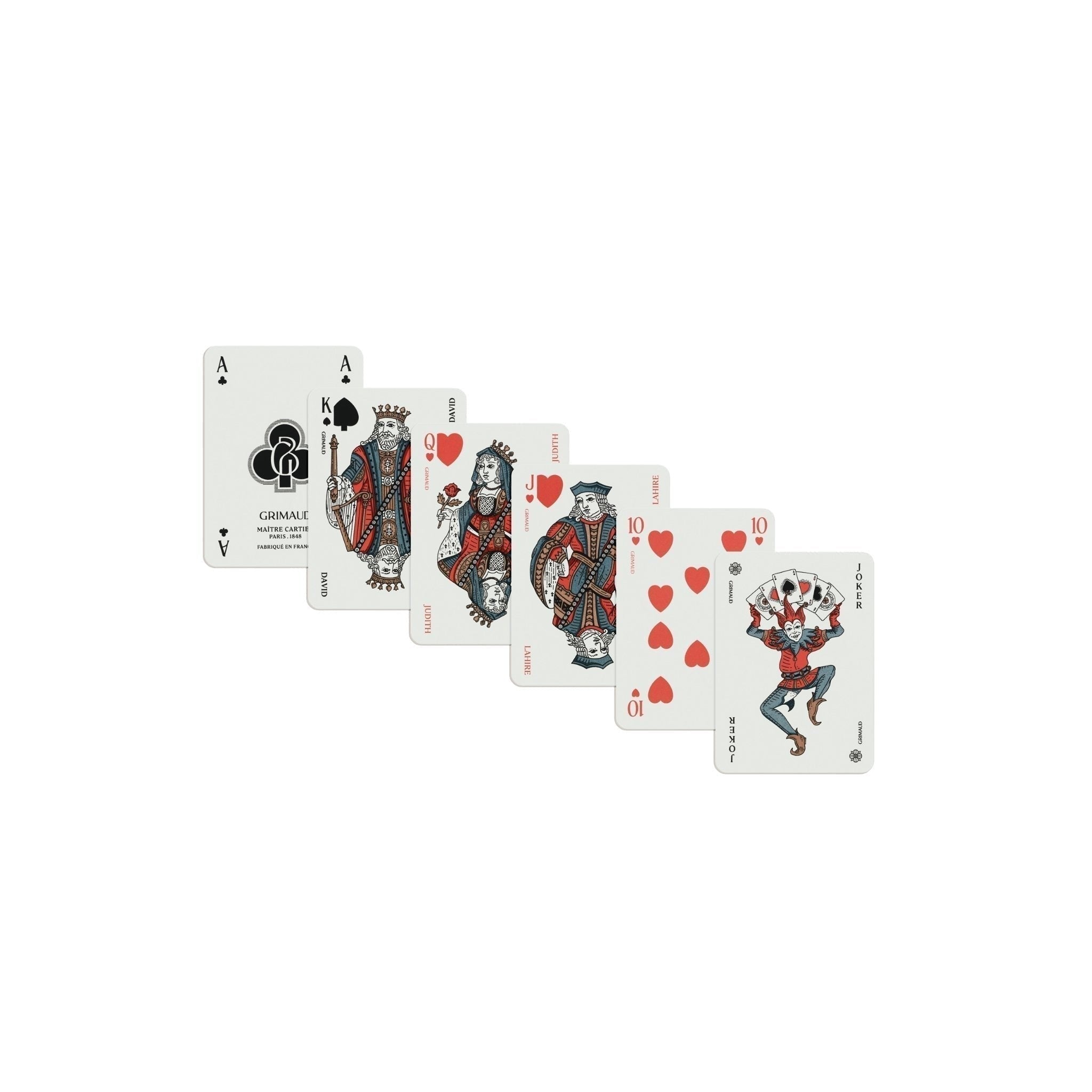 Grimaud patience cards face design close-up, illustrated figures by Julie Serre with clear indices for solitaire play