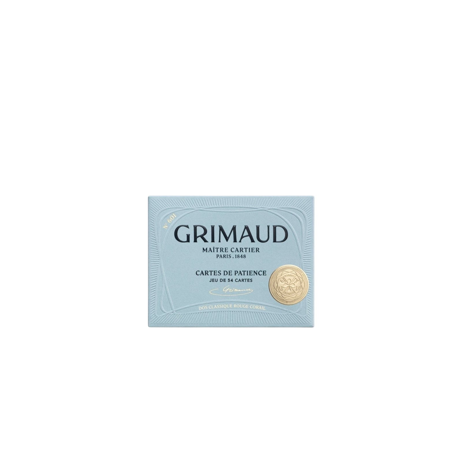 Grimaud Cartes de Patience coral red deck box, premium French playing cards packaging with elegant minimalist design