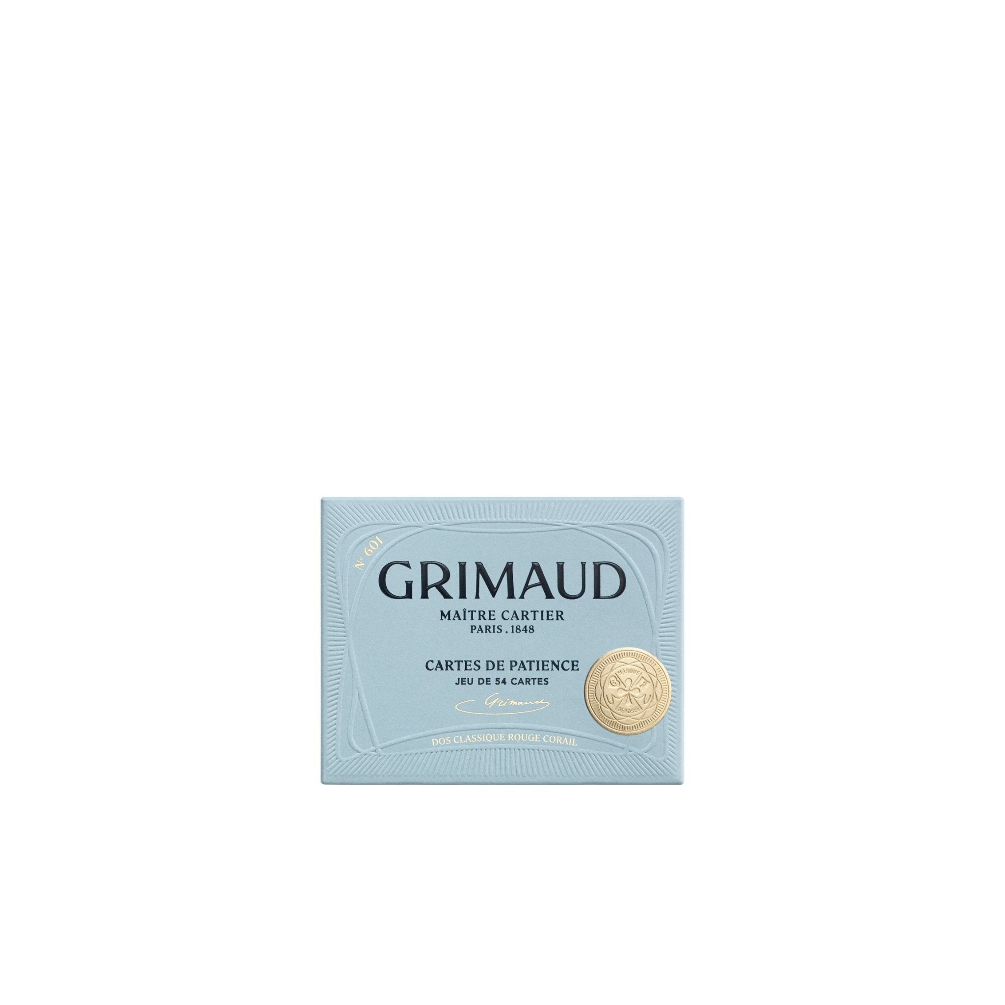 Grimaud Cartes de Patience coral red deck box, premium French playing cards packaging with elegant minimalist design