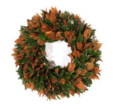 Fresh Southern Magnolia wreath, 28 inches, nearly 1,000 green and brown velvet magnolia leaves, shown on white