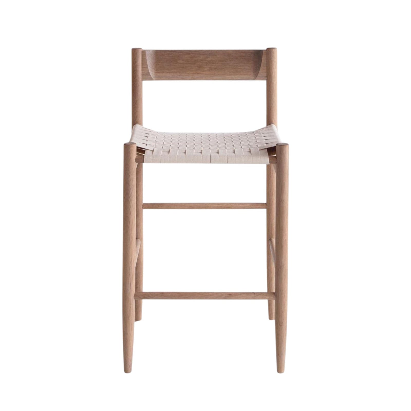 Calimia Home Gaon counter stool with a solid white oak frame and a woven natural leather seat and backrest.