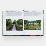 Calimia Home The Garden Book Mini Format book open to a spread showing garden entries with a tiled walk and a water channel garden.