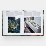 Calimia Home The Garden Book Mini Format book open to a spread showing garden entries with a woodland path and a rooftop garden.