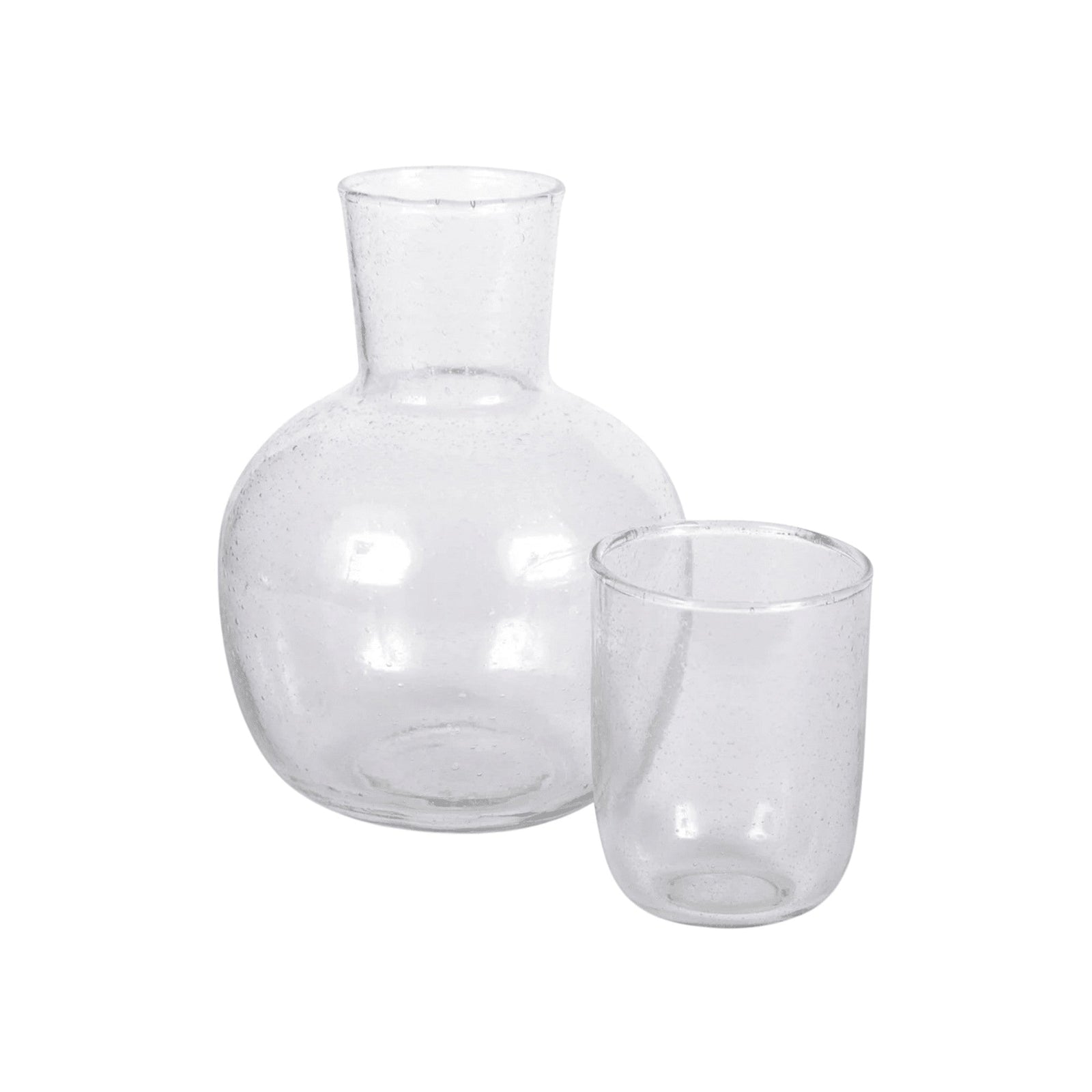 Sir Madam hand-blown seeded glass carafe and matching drinking glass set with organic shapes and bubble details.