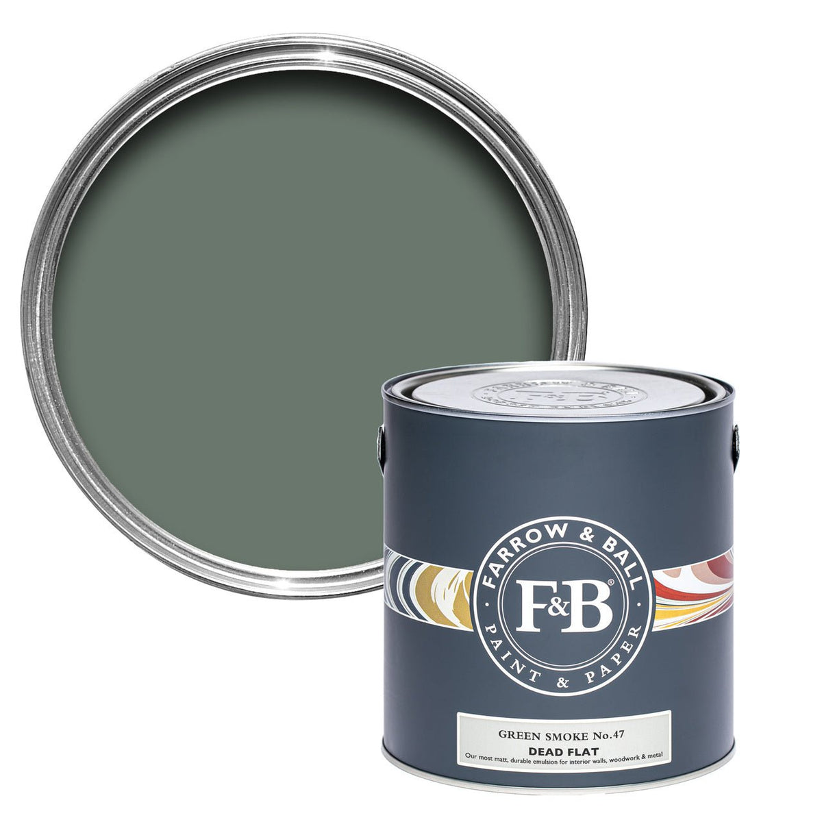Farrow & Ball Green Smoke No.47 paint tin and color swatch