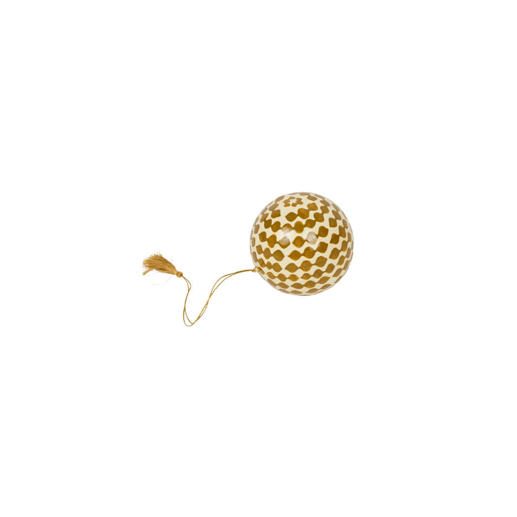 Maison Poire Agnes hand-painted papier-mâché ornament in a gold diamond check with a cord and tassel