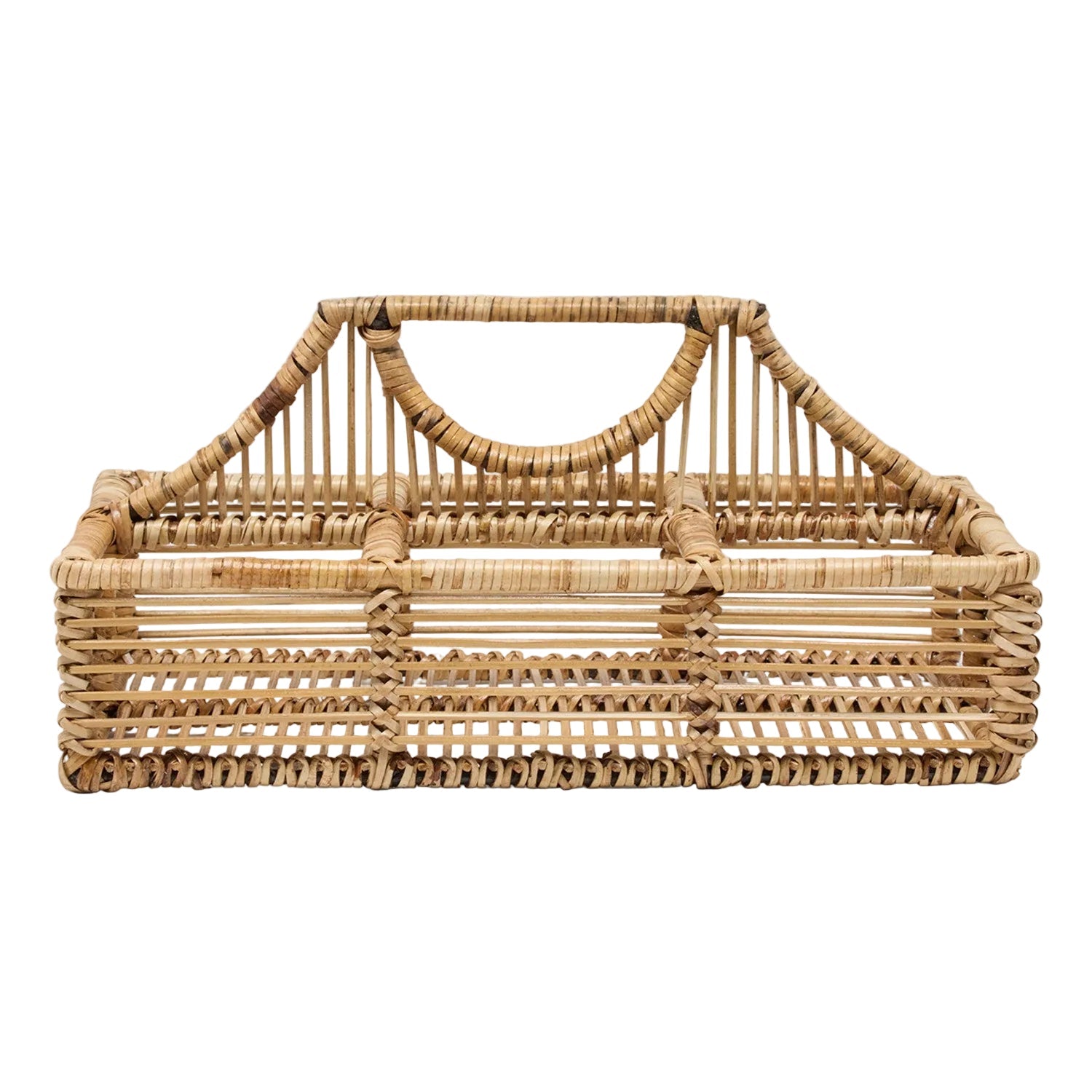 Handwoven rattan and bamboo glassware holder with natural texture