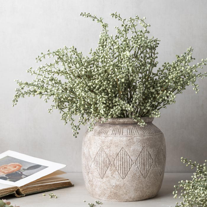 Faux heather stem in soft sage hue with mass of tiny flower heads, by Abigail Ahern