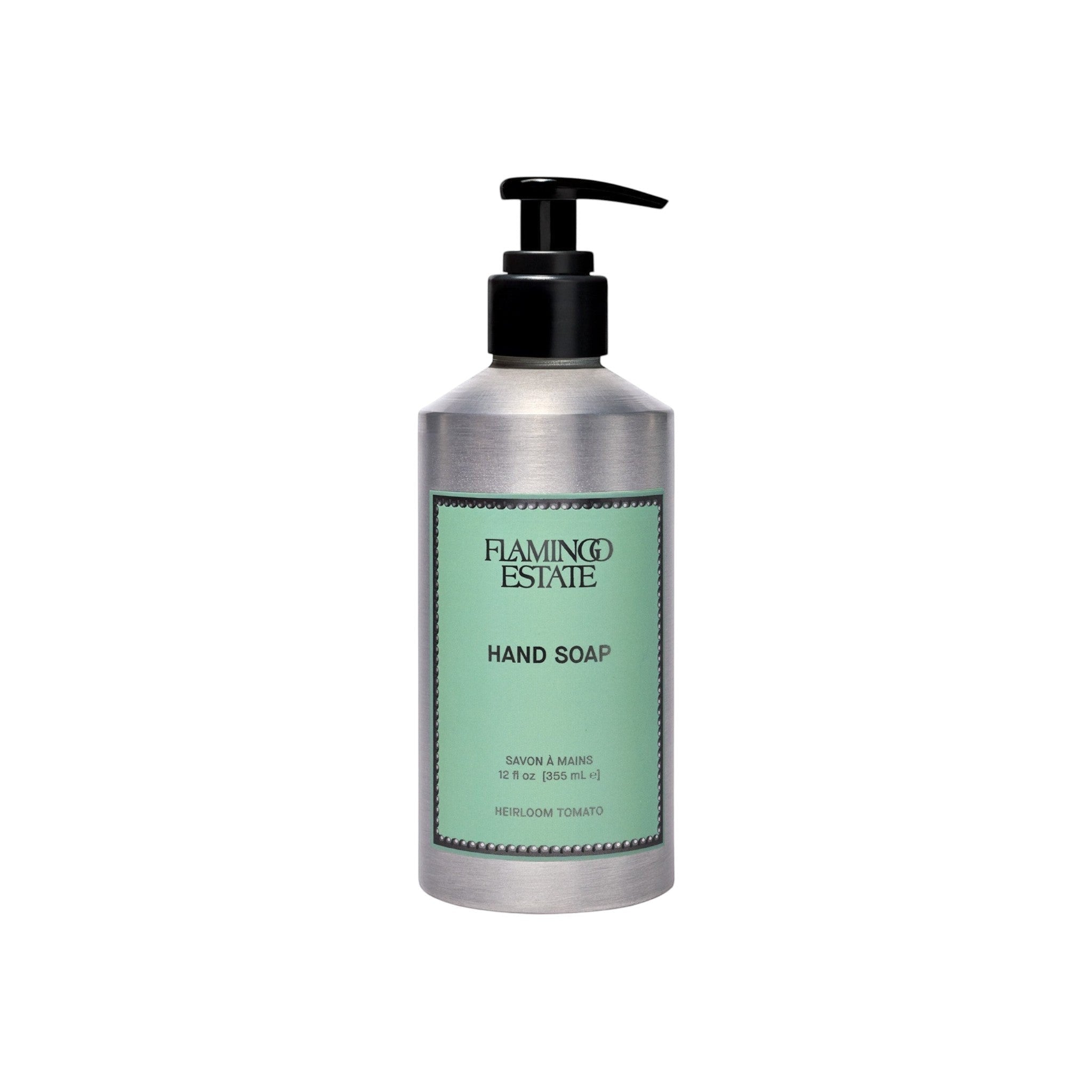 Flamingo Estate Heirloom Tomato hand soap in a recyclable silver aluminum bottle with a black pump dispenser.