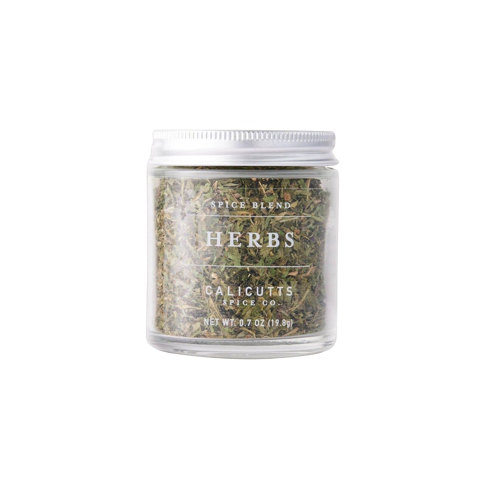 Calicutts Herbs Blend in a clear glass jar with a silver lid, containing a mix of premium dried aromatic herbs.