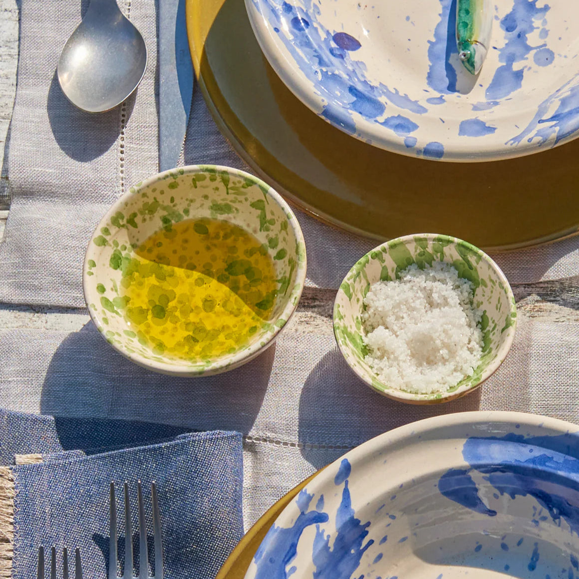 Montegranaro Splatterware Oil & Salt Dish Set - Green