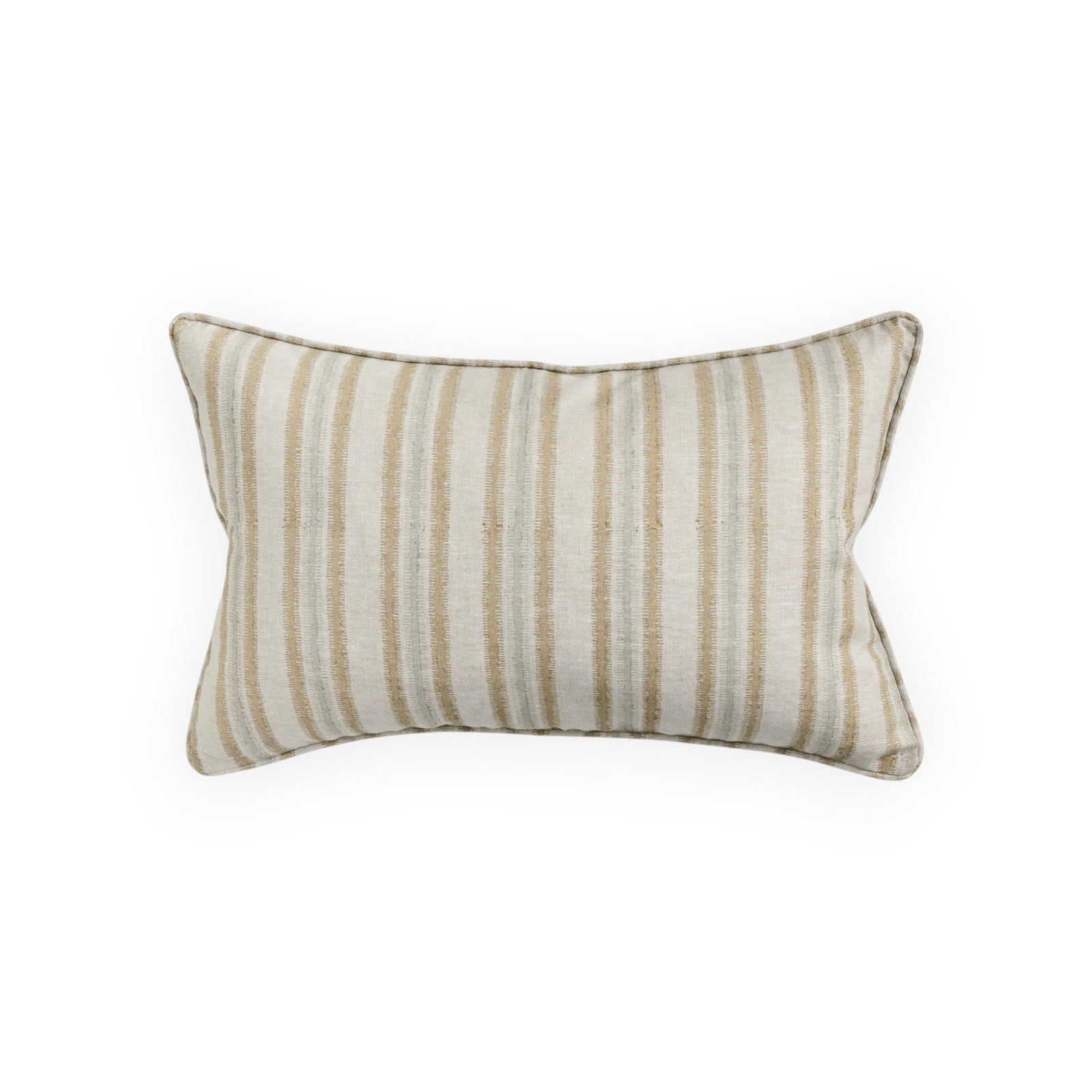 Walter G Indira Elm lumbar pillow with hand block-printed irregular beige stripes and piped edges.