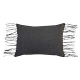 Ines Charcoal Lumbar Pillow by One Bi One — dark gray Belgian linen with wool hand embroidery and fringe edges, handcrafted in Gothenburg, Sweden