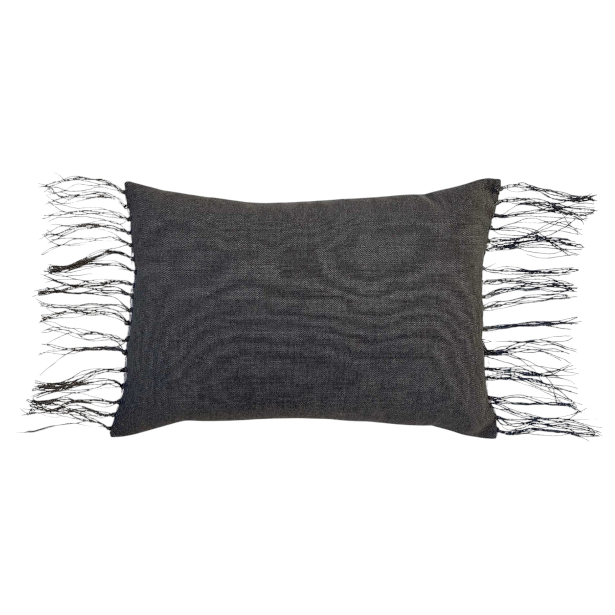 Ines Charcoal Lumbar Pillow by One Bi One — dark gray Belgian linen with wool hand embroidery and fringe edges, handcrafted in Gothenburg, Sweden