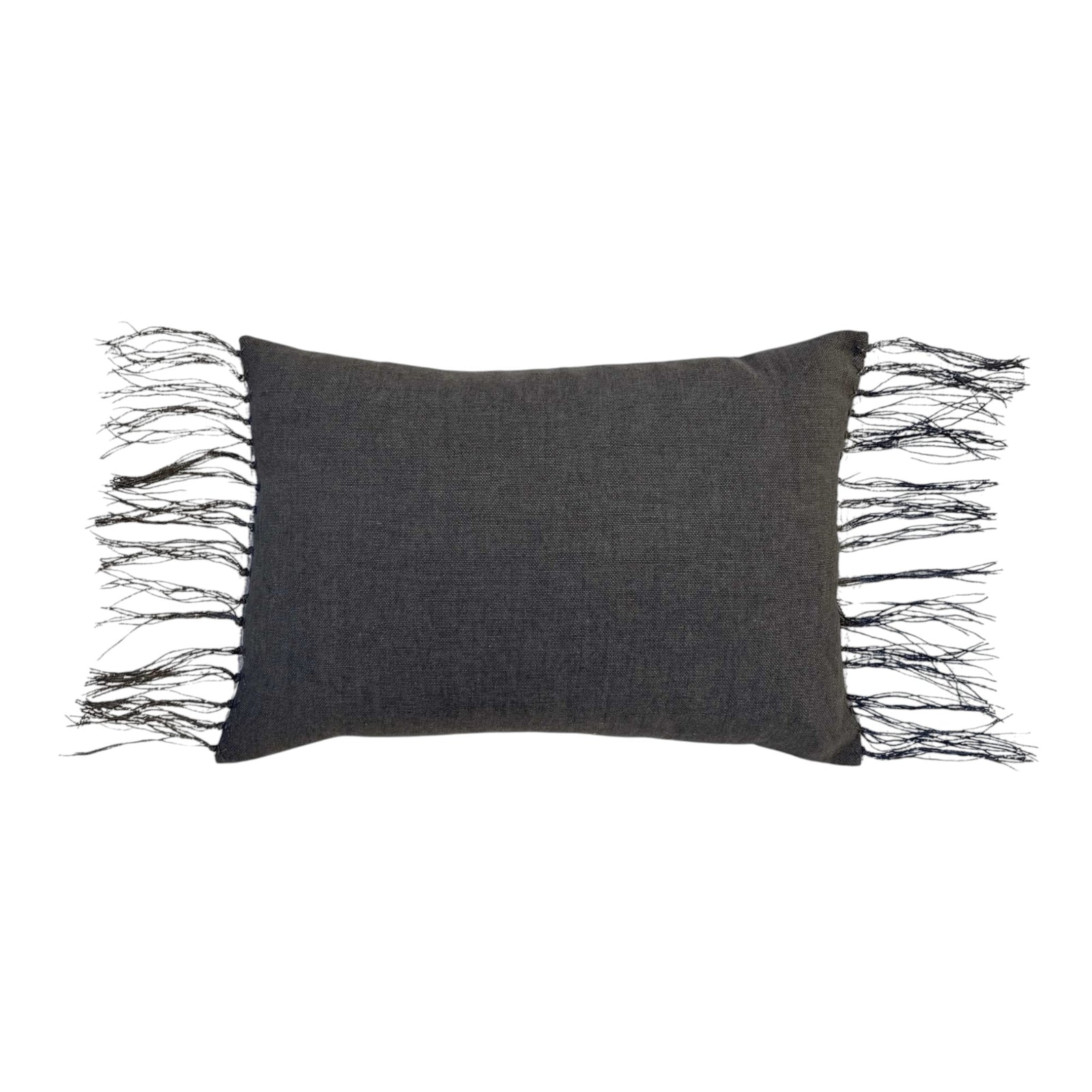 Ines Charcoal Lumbar Pillow by One Bi One — dark gray Belgian linen with wool hand embroidery and fringe edges, handcrafted in Gothenburg, Sweden