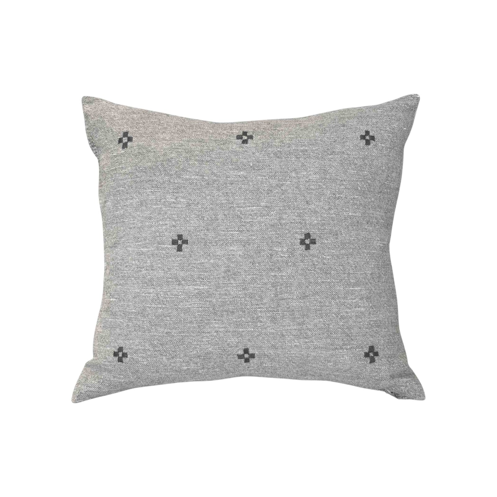 Isak Gray Pillow by One Bi One — Belgian linen with wool cross embroidery, 18 × 17 in, handcrafted in Gothenburg, Sweden