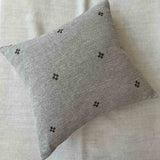 Isak Gray Pillow — full view showing the hand-embroidered linen surface and premium feather-down fill