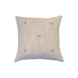 Calimia Home Isak taupe Belgian linen pillow with hand-embroidered cross pattern and hidden zipper closure.